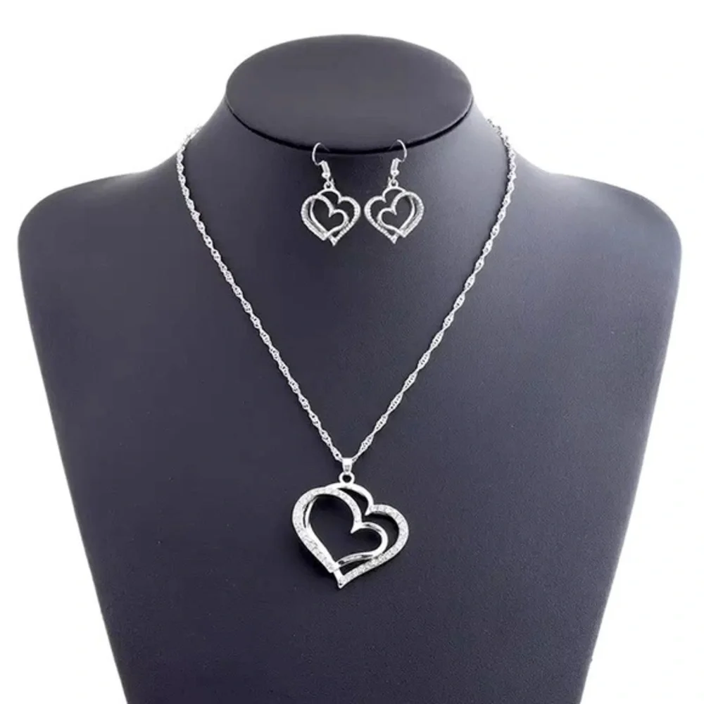 Gold/Silver Double Heart-Shaped Pendant Necklace & Earring set. - Picture 4 of 7